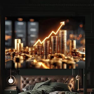 Financial Wall Art. Canvas Print with Stacked Coins, Stock Chart. Investment Office Decor, Wealth, Success Artwork, Money Motivational Art