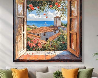 地中海の村の窓の景色の絵画 - 花と家のあるイタリアの街並みの風景