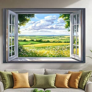Ventana abierta con paisaje rural, lienzo impreso. Paisaje pintoresco, arte mural. Tranquila vida campestre. Ventana artificial con campo de manzanilla.