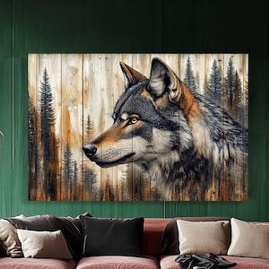Wolf Wall Art on Wood Texture Canvas. Rustic wild animal Portrait. Forest Lodge Decor. Woodland Wildlife Canvas Print. Gift for Men
