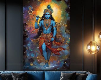 Krishna Wall Art. Hindu God Blue Figure Spiritual Painting print. Cosmic Indian Deity Artwork. Krishnaism Poster for Meditation Room, Yoga
