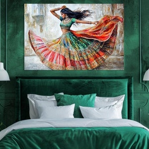 Indian dancer in a colorful skirt.  Indian emotional Performing Dance. Rajasthan woman dancing, oil Painting. Hindu culture, Folk Dance,