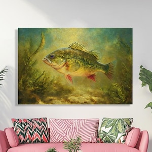 Bass Fish Wall Art, Underwater Lake Scene Canvas print. Fishing Decor. Realistic Fish Painting Print. Aquatic Wildlife Art. gift for anglers