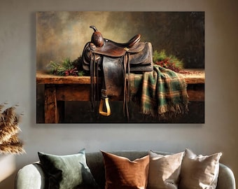 Western Saddle Canvas Print. Rustic Cowboy Wall Art. Vintage Leather Scottish Saddle Decor. Farmhouse Western Decor. Country Equestrian Art
