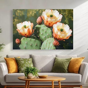 Blühender Kaktus, Leinwanddruck. Blühende Wüstenpflanzen in Arizona, Ölgemäldedruck. Sonoran-Wüste Kaktus mit orange Blumen, Wandkunst