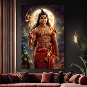 Lord Murugan mit Vel Speer Leinwanddruck Hinduistischer Kriegsgott mit Dreizack & Pfau. Indische Wanddeko. Göttliche Hindu Mythologie