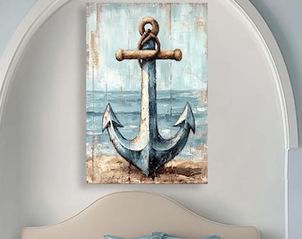 Nautical Anchor Canvas print. Rustic Beach wall Decor. Coastal Anchor Painting print. Ocean Wall Art for Living Room. Nautical Nursery Gift
