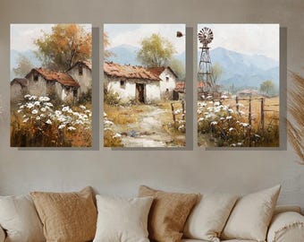 Rustikales Bauernhaus Leinwanddruck. Country Western Landschaft Wandkunst. Windmühle & Wildblumen. Cottagecore Pastell Dekor, Vintage Bauernhof Geschenk