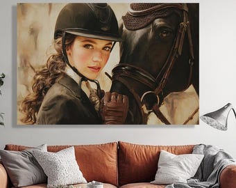 Elegante lienzo de una joven jinete con caballo. Arte mural para amantes de los caballos. Decoración rústica de granja. Dormitorio ecuestre, escuela de equitación, club.