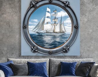 Round Porthole with overlooking antic sailboat on ocean waves, canvas print. View from boat window with white sails in sea, artwork. Ship