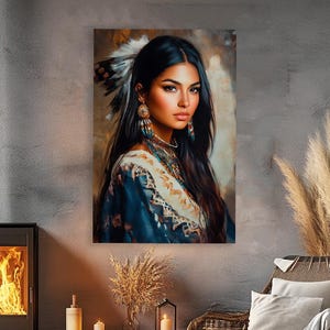 May include: A painting of a woman with long dark hair wearing a blue and gold patterned dress and a beaded necklace. She is wearing a feather headdress and has a serious expression on her face.