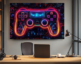 Joystick for computer games, canvas print. Colorful Gamepad, wall art. Mobile Game Joystick, painting print. Neon Control stick, poster