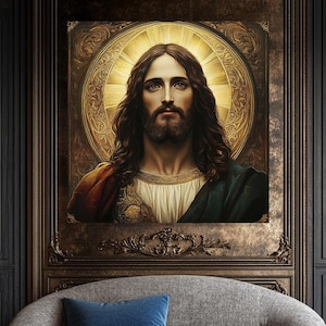 Noble face of Jesus. Spiritual portrait of Jesus Christ with golden halo, Christian canvas print. Son of God. Savior, Bronze engraving style