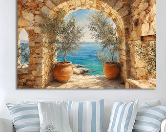 Mediterranean Seascape Canvas Print. Stone Arch Ocean View Painting. Coastal Greece wall Decor. Olive Tree Canvas Print. Beach House Artwork