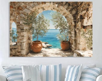 Mediterranean Seascape Canvas Print. Stone Arch Ocean View Painting. Coastal Greece wall Decor. Olive Tree Canvas Print. Beach House Artwork