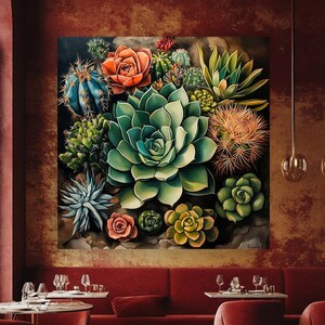 Succulent, Cactus Wall Art. Botanical Canvas Print. Colorful Desert thorny plants, echeverias spiny cacti. Southwestern Decor for Interiors