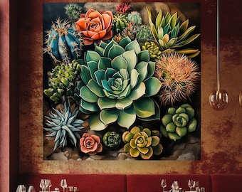 Succulent, Cactus Wall Art. Botanical Canvas Print. Colorful Desert thorny plants, echeverias spiny cacti. Southwestern Decor for Interiors