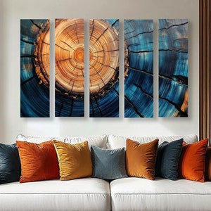Blue Wood texture with cracks, oil painting. Wood cut, Sawing wood, wall art. Wooden grain pattern with brown heartwood. Abstract tree rings