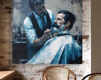 Canvastavla med vintage barberare. Klassisk väggkonst med groomingmotiv. Mästare rakar skägget, klipper håret åt mannen. Konstverk med barberare i en gentlemansstil.