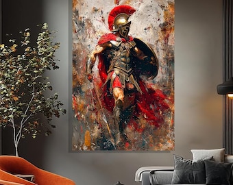 Puede incluir: Una gran impresión en lienzo que representa a un guerrero espartano con armadura completa, lanza en mano y escudo listo. La obra de arte presenta una capa y un casco rojos, con una protección facial dorada. El fondo es una mezcla de pinceladas abstractas en varios colores.