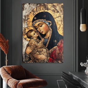 Virgin Mary and Child Icon Canvas print. Byzantine Style Religious Wall Art. Orthodox Christian Home Decor. Madonna embracing Jesus Christ