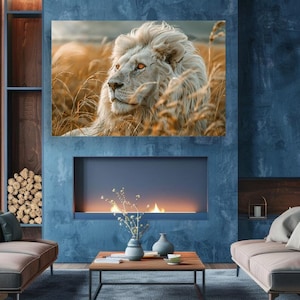 African Lion Canvas Print. Portrait of big white lion in savannah, wall decor. Modern wall art, African animals. Artwork, theme of big cats