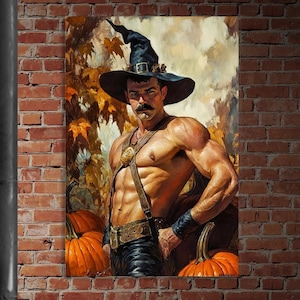 Young guy with athletic male body, autumn holidays Halloween, canvas print.  Muscular man witcher, sorcerer in black hat. Handsome Young gay