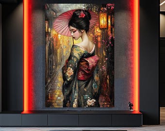 Japanse geisha canvas muurkunst. Mysterieuze vrouw in kimono met parasol. Japanse vrouw. Aziatisch geïnspireerd schilderij. Oosterse woondecoratie