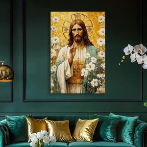 Jesus of Nazareth in blooming background, Canvas print. Portrait of Jesus Christ blesses believers. Saviour among white flowers