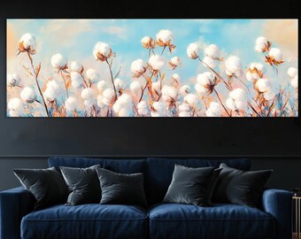 Cotton Field Canvas. Rustic Farmhouse Cotton Painting Print. Charm of nature. Country Home Decor.  Rustic fluffy white blossoms Landscape