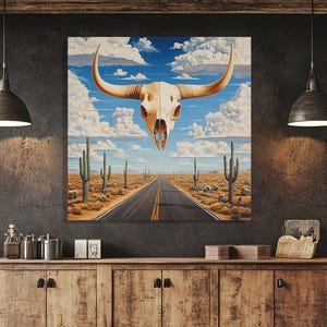 Western Bull Skull Leinwanddruck. Wüstenstraße. Südwestliche Longhorn. Boho Cowboy, Geist des Wilden Westens Decor. Amerikanisches Roadtrip-Plakat