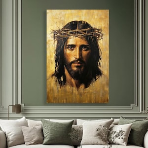 Portrait of Jesus Christ in crown of thorns, wall art. Son of God wiht halo against gold background, icon canvas print. Suffering of Savior