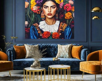 Puede incluir: Un gran retrato enmarcado de una mujer con flores en el pelo y un vestido azul cuelga sobre un sofá de terciopelo azul. La habitación presenta detalles dorados, como mesas auxiliares, una lámpara de pie y sillas. La decoración es una mezcla de estilos modernos y tradicionales.