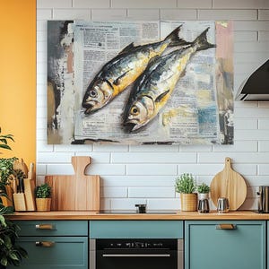 May include: Two silver fish on a white background with printed text. The fish are arranged in a cross pattern. The background is a close-up of a newspaper page.