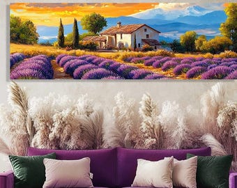 Lavender Field Canvas Print. Provence Landscape Painting print. Mediterranean Rustic Farmhouse Decor. French Countryside Sunset Artwork