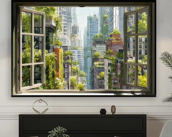 May include: A framed artwork depicts a cityscape viewed through an open window. The artwork showcases a vibrant, green, and lush urban environment. The window frame is brown, and the artwork is displayed above a black cabinet.