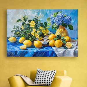 Still Life of Lemons, artwork. Table with blue tablecloth, yellow ceramic jug and lemons, canvas print. Oil painting lemon with flowers
