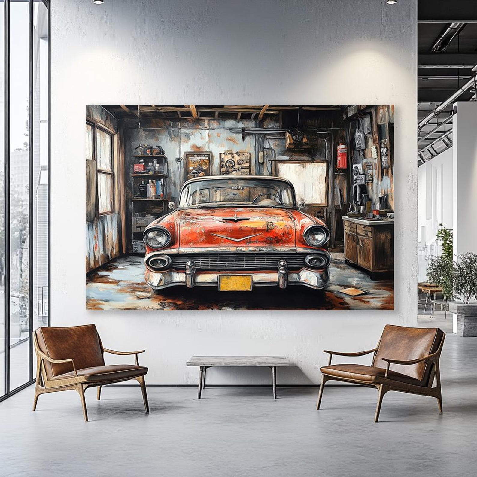 Classic Vintage Automobile in Old Rustic Garage, Large Canvas Print ...
