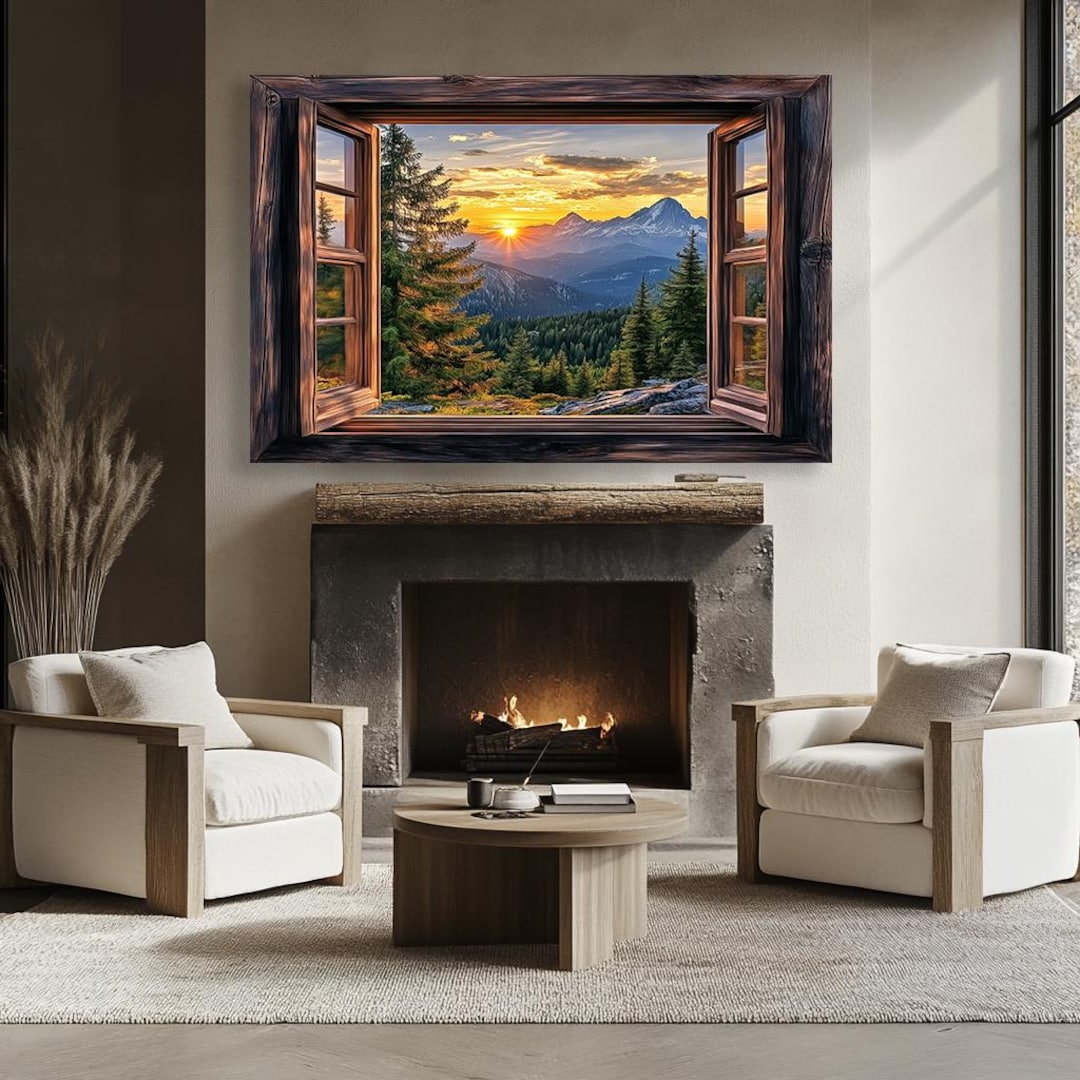 Open Window in Forest Hut, With Sun Rising Over Mountains, Canvas Print ...