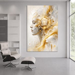 Puede incluir: Un gran cuadro rectangular de pared que muestra el perfil de un rostro humano integrado con circuitos digitales dorados y patrones de luz brillante. Un chip cuadrado central muestra las letras AI entre remolinos abstractos dorados y blancos.