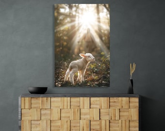 Jesus Christ goes in search of lost lamb, Painting. Religious scene, Lord God in search of lost soul Christian wall art. Son of God