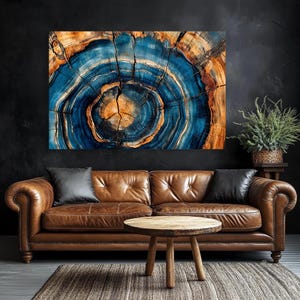 Blue and brown Wooden texture with cracks, canvas print. Wood cut, Sawing wood, wall art. Wooden grain pattern with heartwood. tree rings