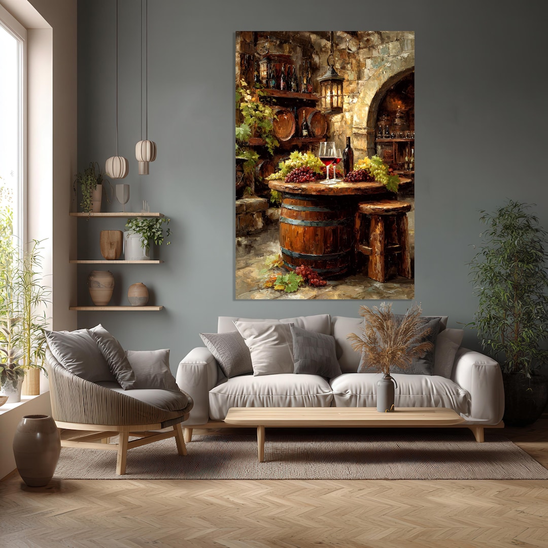 Red Wine Cellar Canvas Print. Rustic Tuscan Vineyard Wall Art. Barrels ...