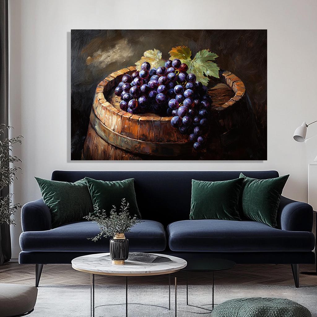 Cluster of Purple Grapes on Wooden Rustic Barrel Canvas Wall Art