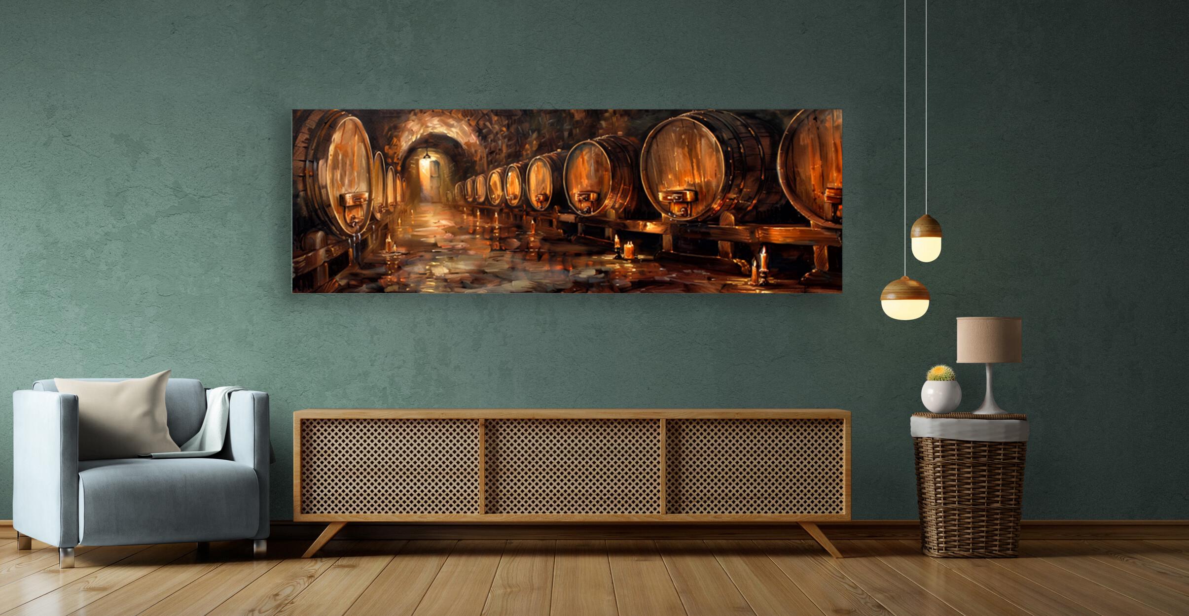 Photo inspiration: Vintage Wine Cellar Painting Canvas Print Wine Wooden Barrels Oil Photo Inspiration