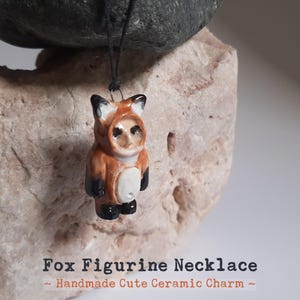 Tiny Handmade Fox Figurine Charm Necklace with Cotton Cord Ceramic Fox Pendant Necklace with Cute Animal Design Jewelry