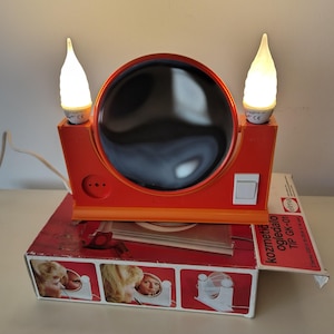 Space age orange plastic desk mirror/Illuminated vanity mirror/Vintage make up mirror/ 1970s Yugoslavia/Retro cosmetic mirror