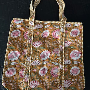 Pure Cotton Quilted Multipurpose Tote Bag- Rust Orange color floral print