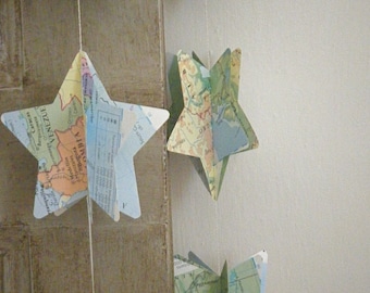 Map Paper Mobile, Map Stars, Paper Star Mobile, Paper Decoration, Nursery Decor, Star Mobile, Maps, Vintage Map, Vintage Book, Travel Gift