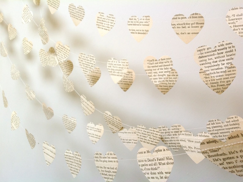 Vintage Paper Hearts Garland, Weddings, Photo Prop, Interior, Choose Your Length, Vintage Book Garland, Heart Garland, Wedding Decor, Hearts image 3